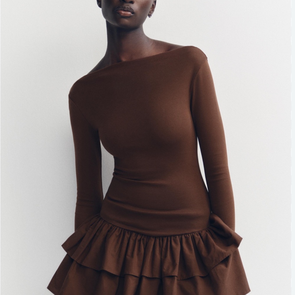 Zara Brown Ruched Asymmetrical Sheath Dress